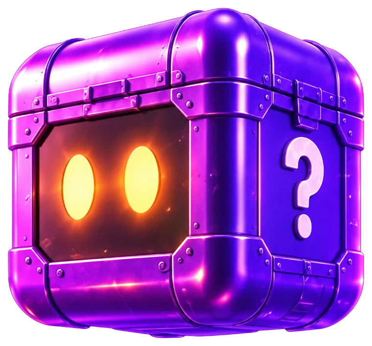 Une lootbox QOYU : un coffre violet aux yeux lumineux