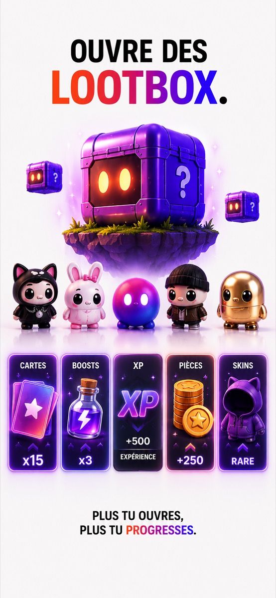 Une lootbox et ses récompenses : cartes, boosts, XP, pièces, skins