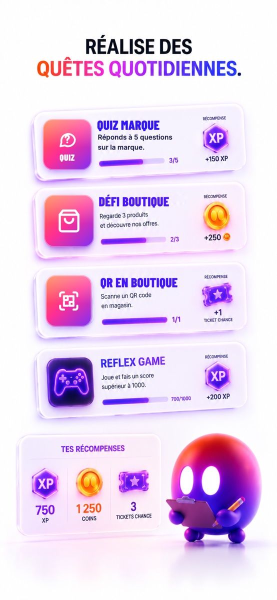 Les quêtes du jour : quiz marque, défi boutique, QR en boutique, jeu réflexe