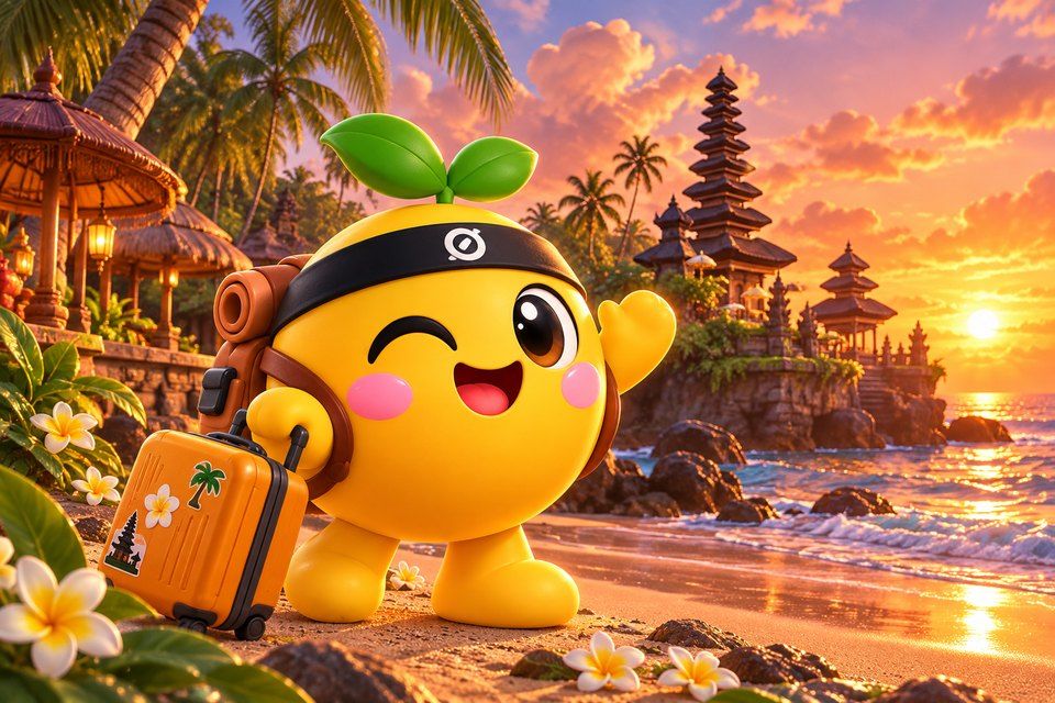 Le QOYU Pico en voyage sur une plage de Bali, valise à côté de lui, temple et coucher de soleil derrière