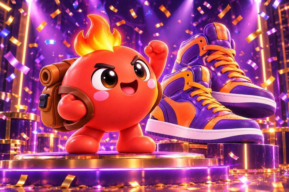 Le QOYU Blaze devant une paire de sneakers géantes violettes sur un podium