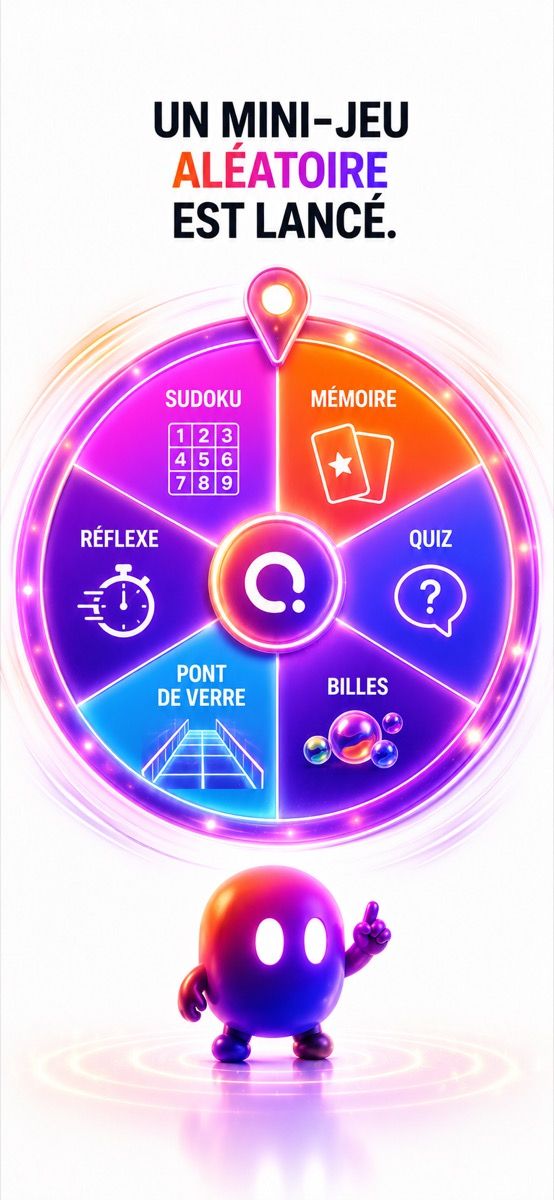 La roue des mini-jeux : sudoku, mémoire, quiz, réflexe, billes, pont de verre