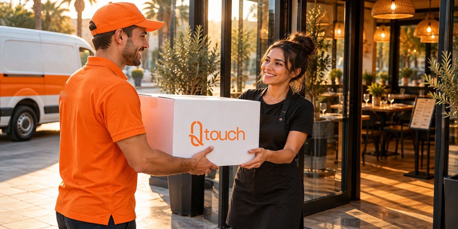 Livraison du matériel QTouch devant un restaurant